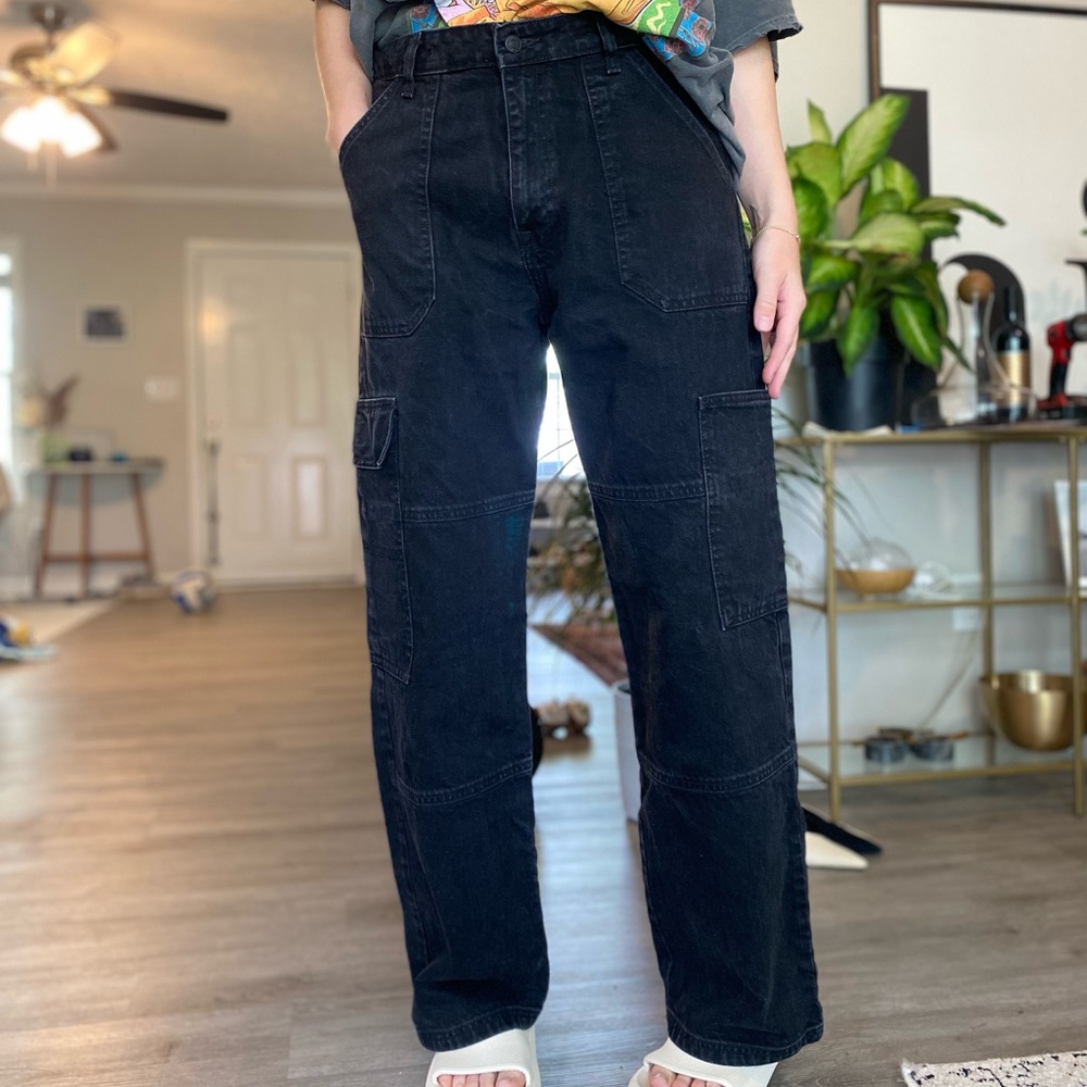 Forever 21 wide leg, cargo style, washed black denim.